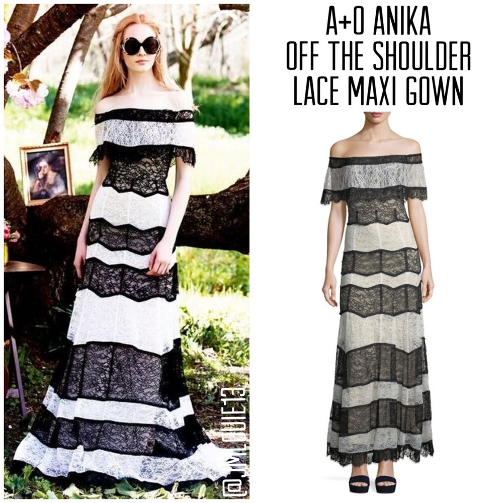 Alice + Olivia Anika Off the Shoulder Lace Maxi Gown